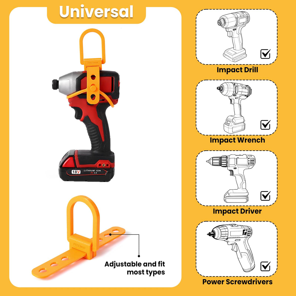 FIYEMNI drill hanger includes D ring lock for quick one handed reattachment.