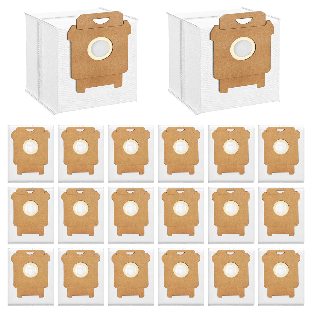 FKDJNIC 20-pack dust bags overview showing Roomba compatibility and value
