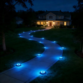 Flacchi solar ground light on stairs enhances safety and ambiance.
