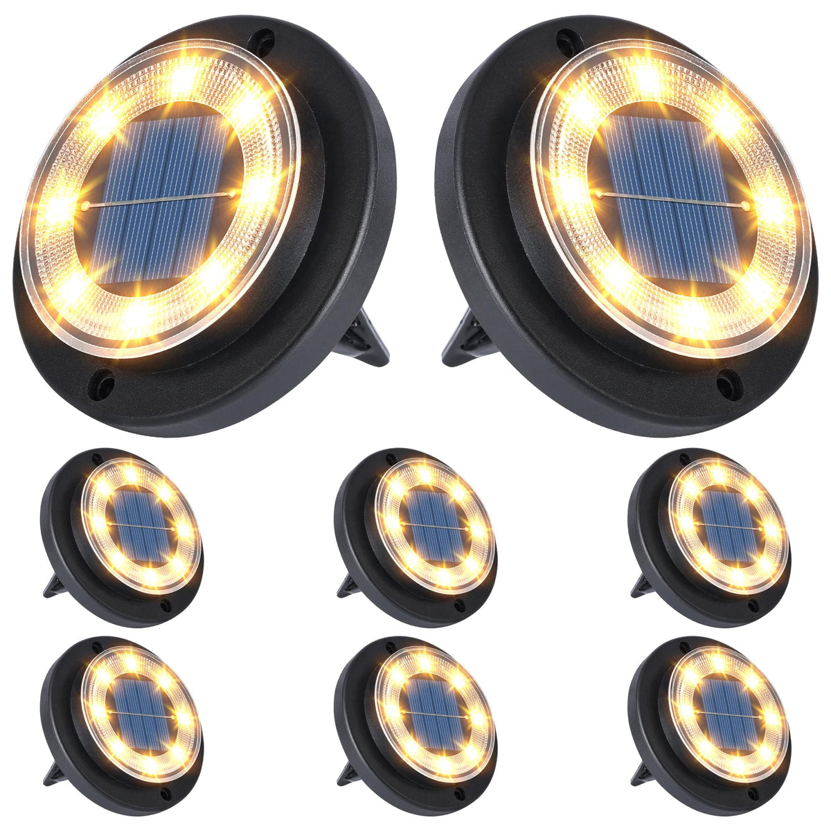 Flacchi solar disk lights illuminate a garden path at dusk for safe navigation