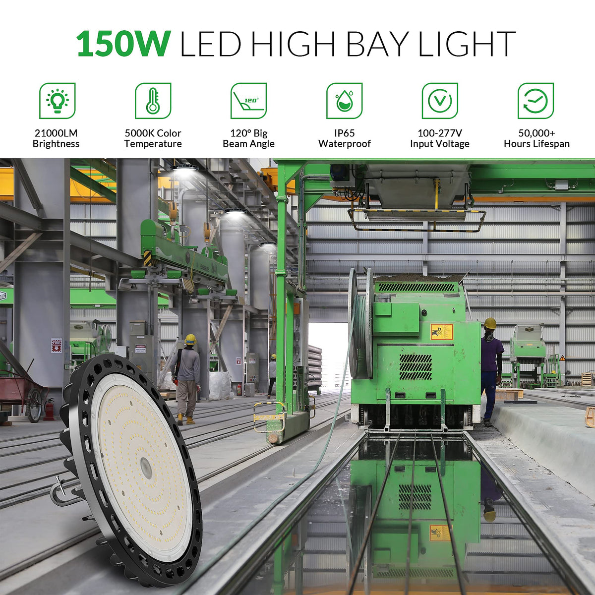 Flakeeper LED high bay 150W 5000K daylight delivers clear visibility.
