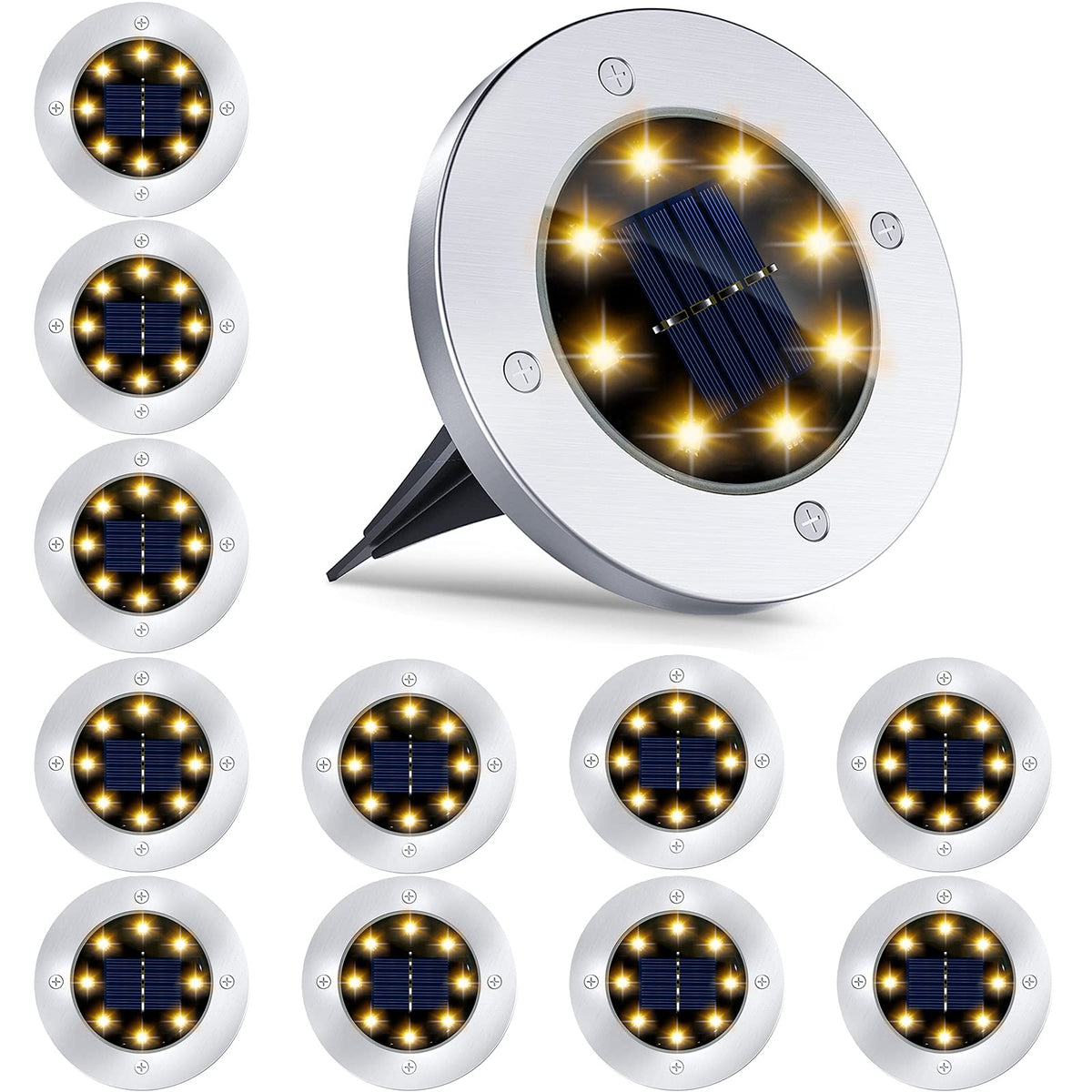 Flalivi 12-pack 8LED solar garden lights with spikes illuminate walkways at night.