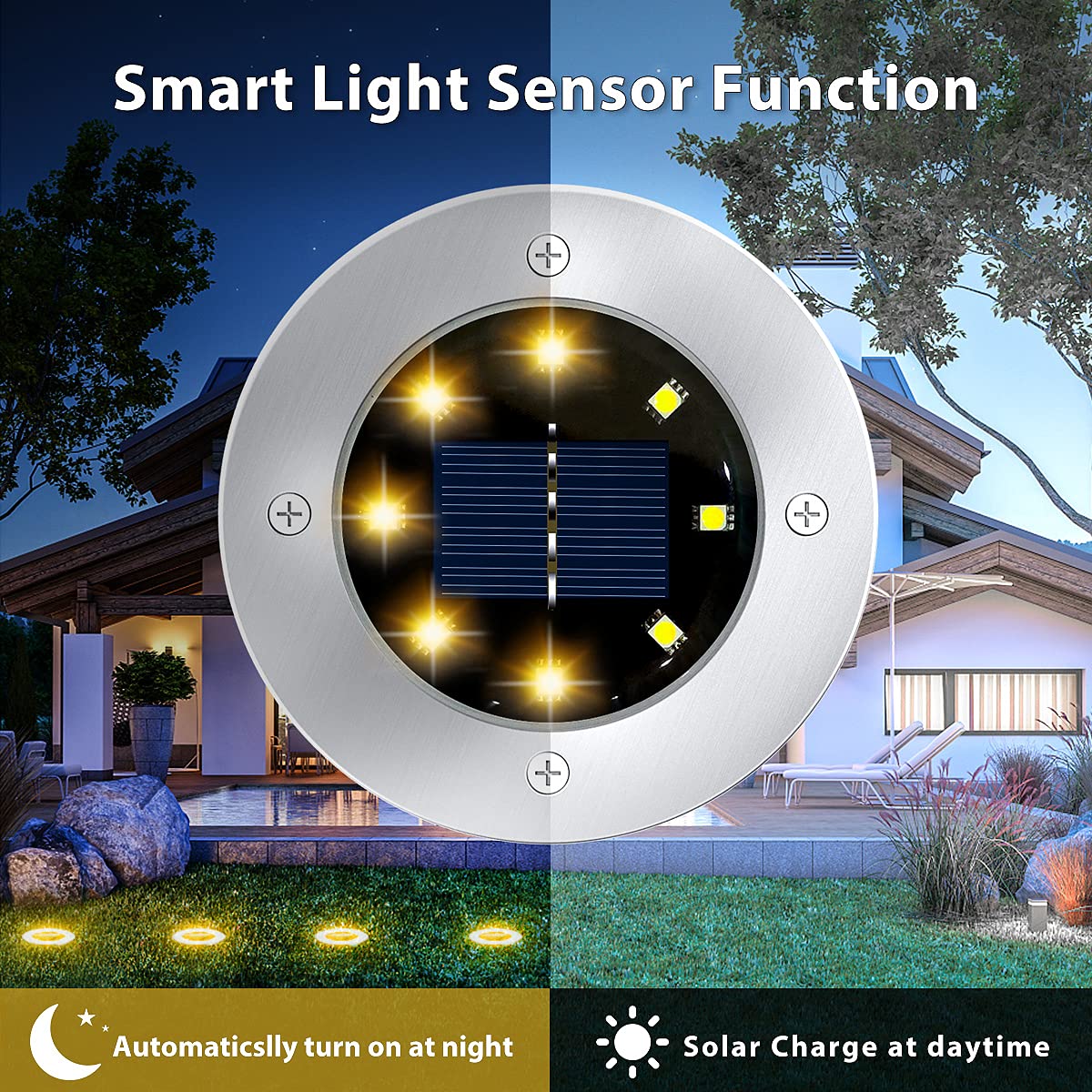 Flalivi ground light auto on-off sensor ensures dusk-to-dawn lighting.