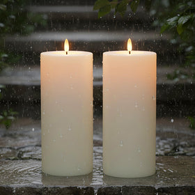 Flamelessman 4x10 outdoor candle with remote for easy patio lighting control.