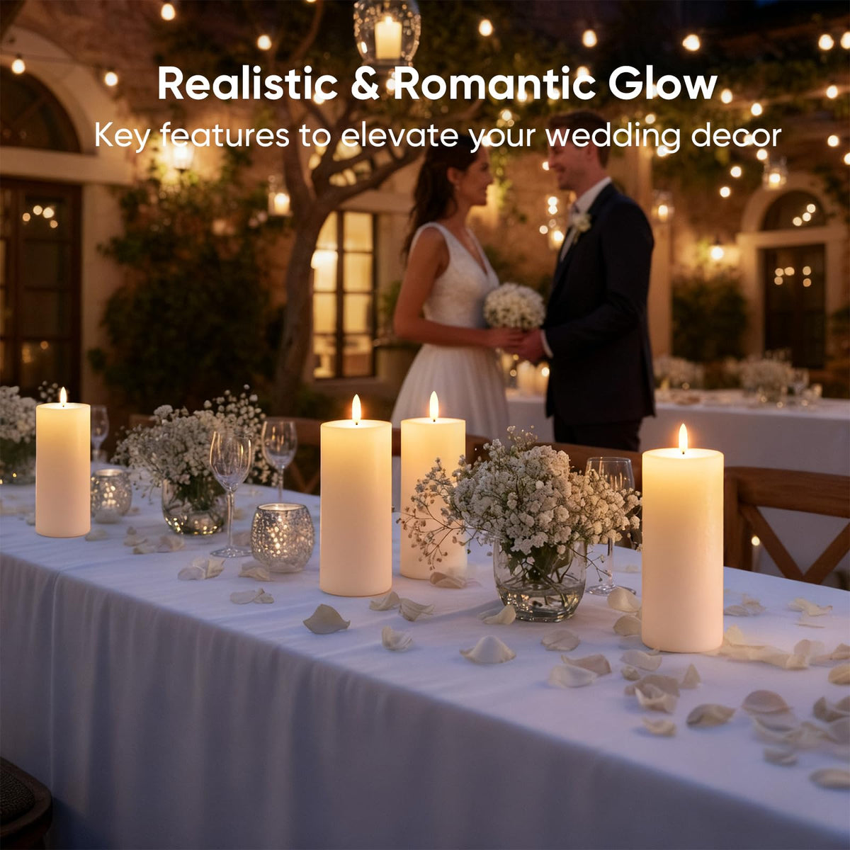 Flamelessman 4x10 warm yellow flame creates cozy outdoor ambiance.