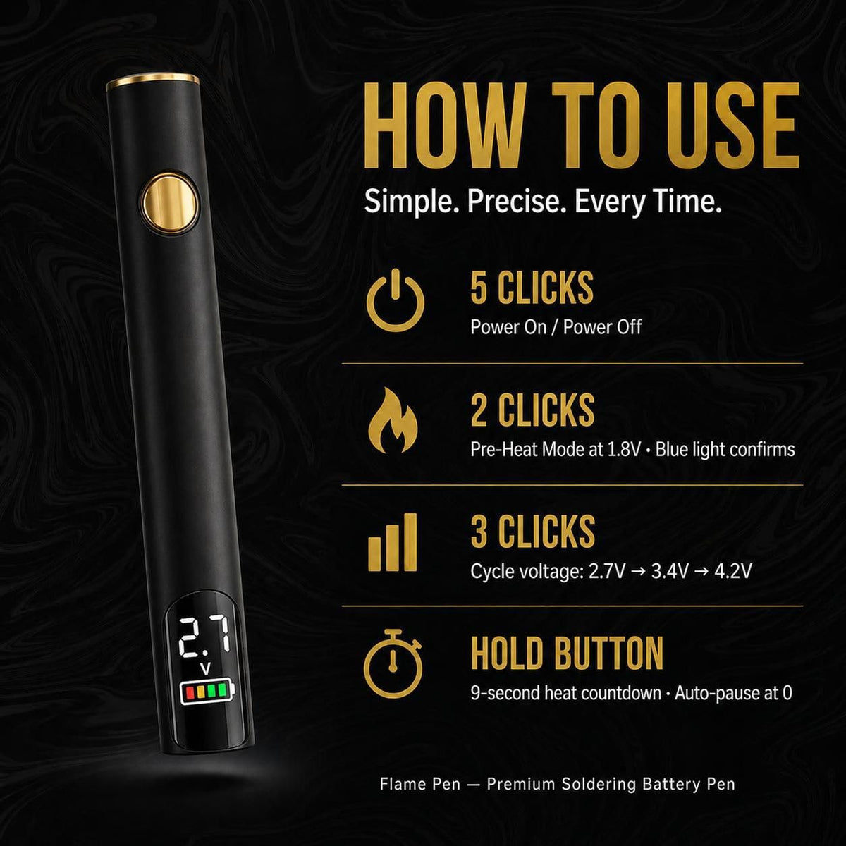 FlamePen three heat levels enable gentle soldering for delicate components.