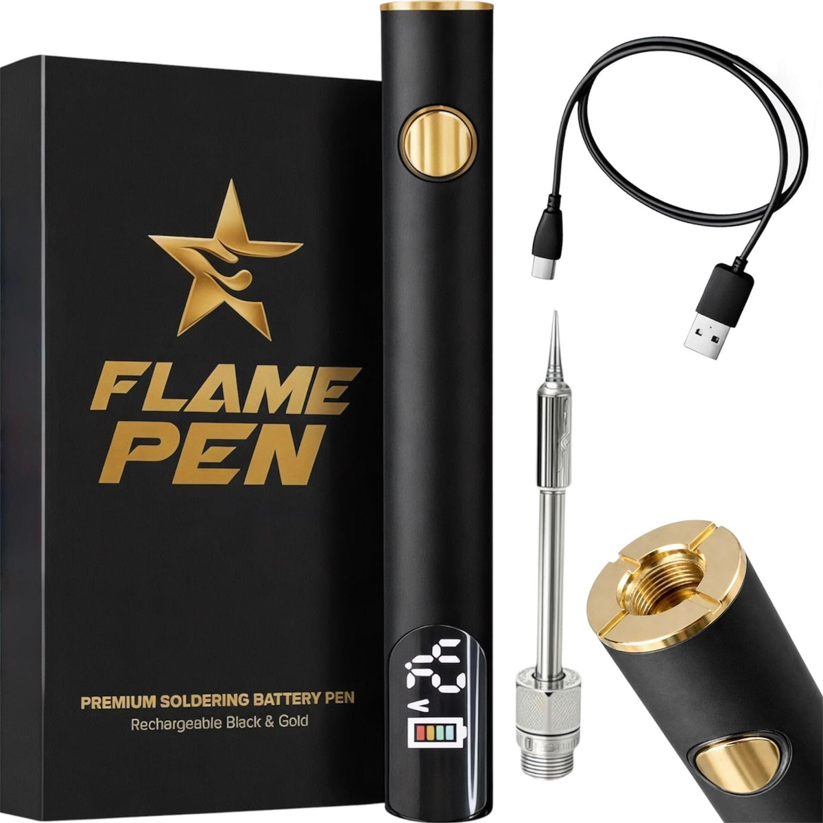 Generic FlamePen LED display shows real-time voltage and battery status for precise control.