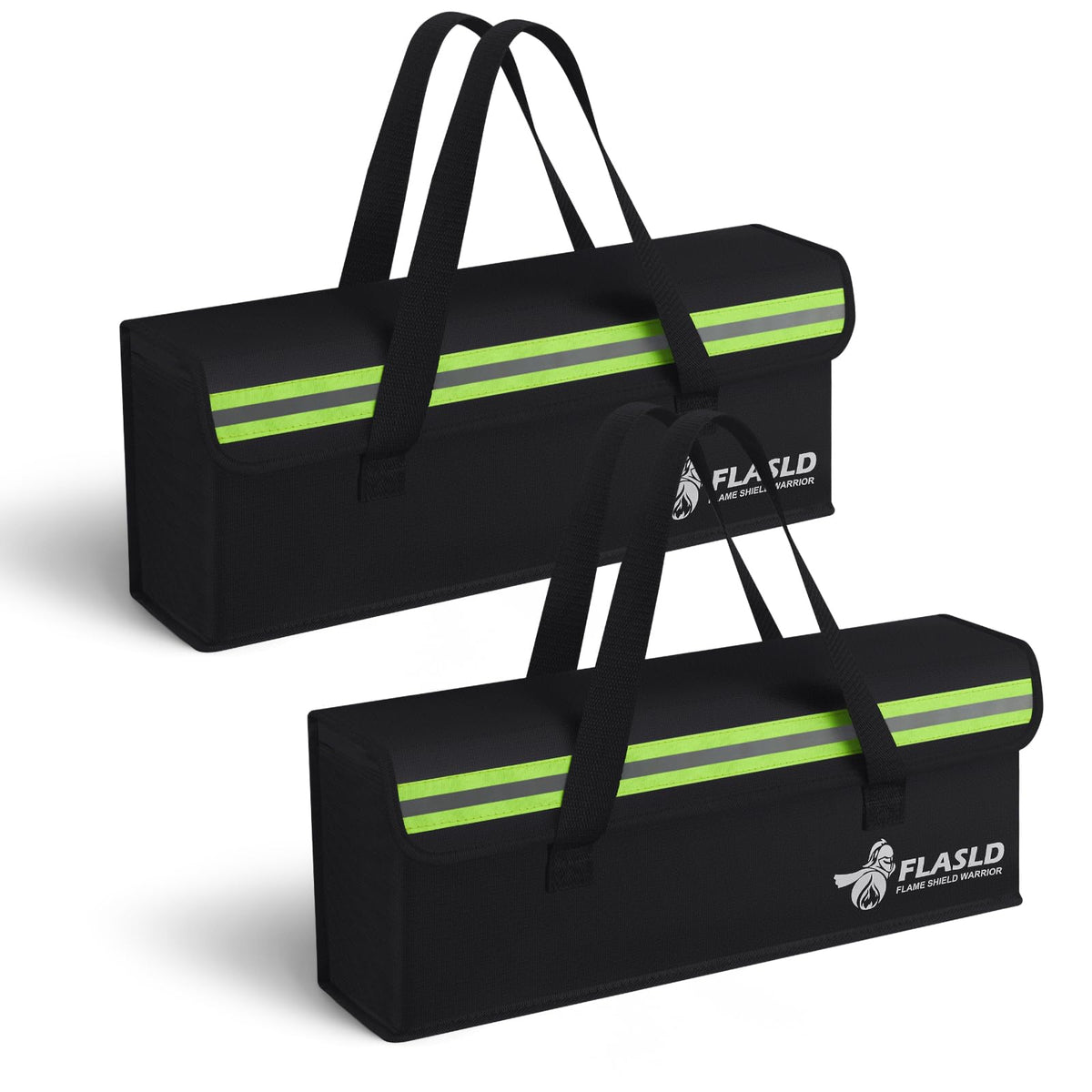 FLASLD lipo fireproof bag 2-pack with reflective strip for nighttime locating.