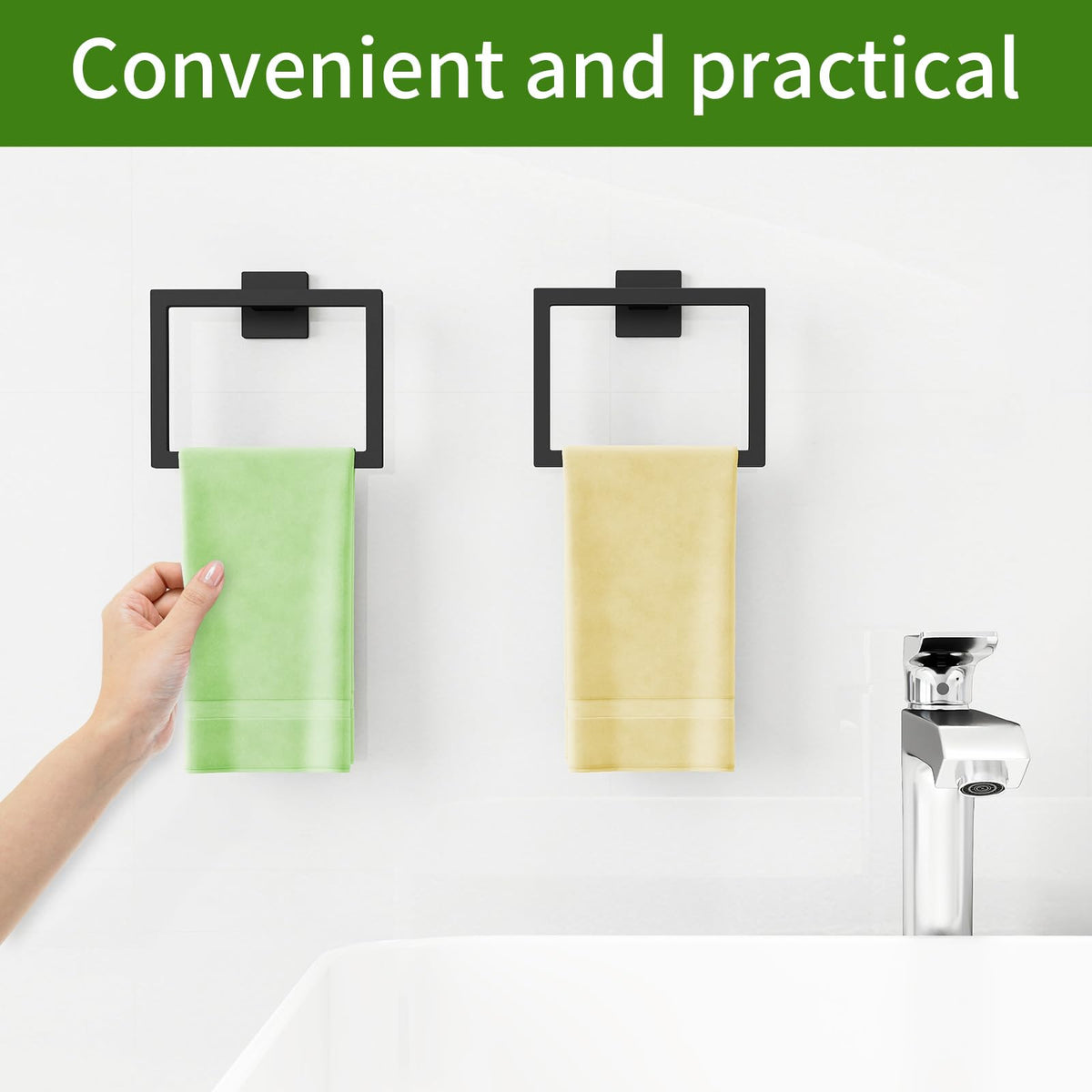 RV-friendly square towel holder in matte black saves space on the go
