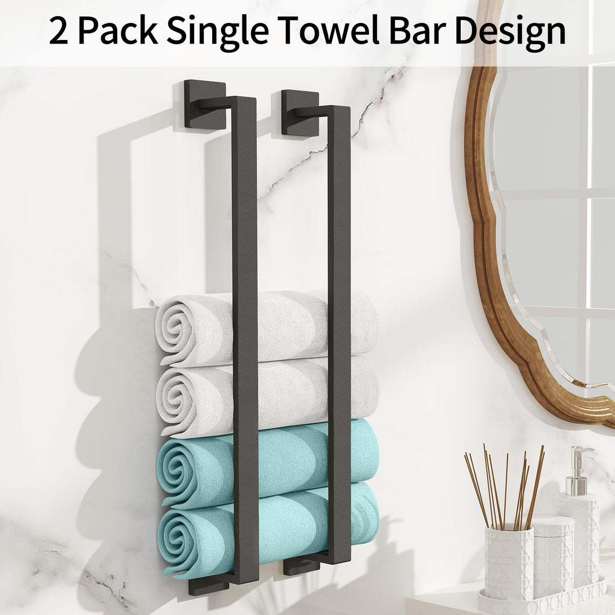 FLE stainless steel towel rail with matte black finish resists moisture.