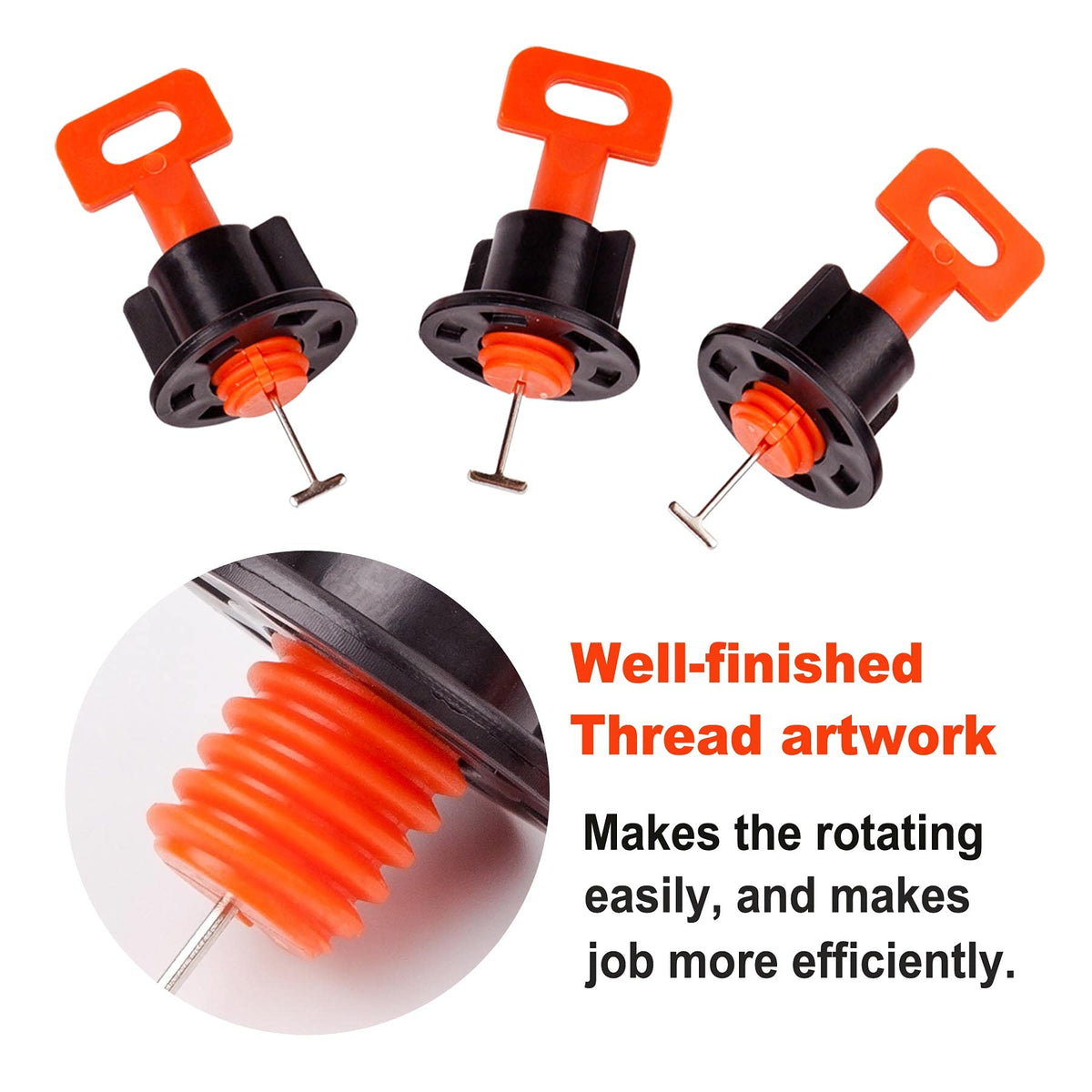 Close-up of rotating thread design reducing jams.