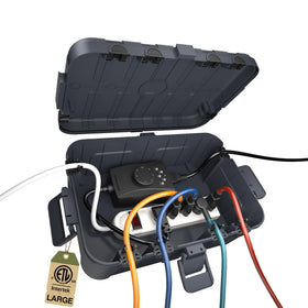 Flemoon outdoor box front view showing weatherproof enclosure protecting outlets outdoors.