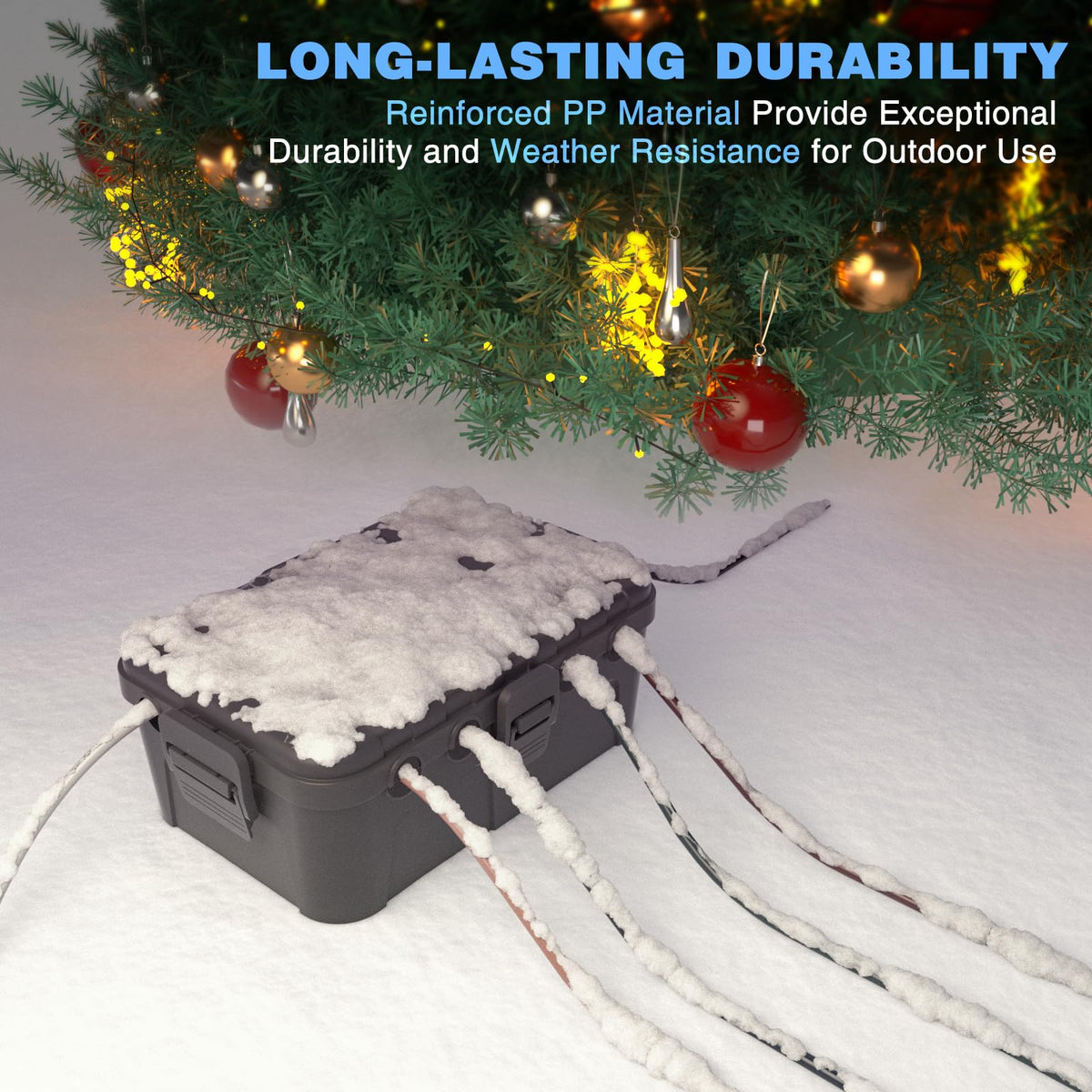 Flemoon weatherproof enclosure used for holiday lights and garden tools.