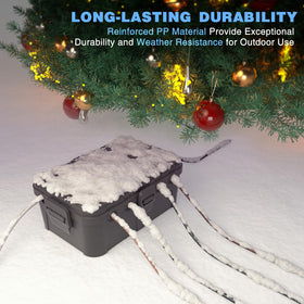 Flemoon weatherproof enclosure used for holiday lights and garden tools.