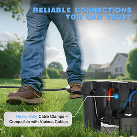 Flemoon IP54 box protecting power strips and timers outdoors.