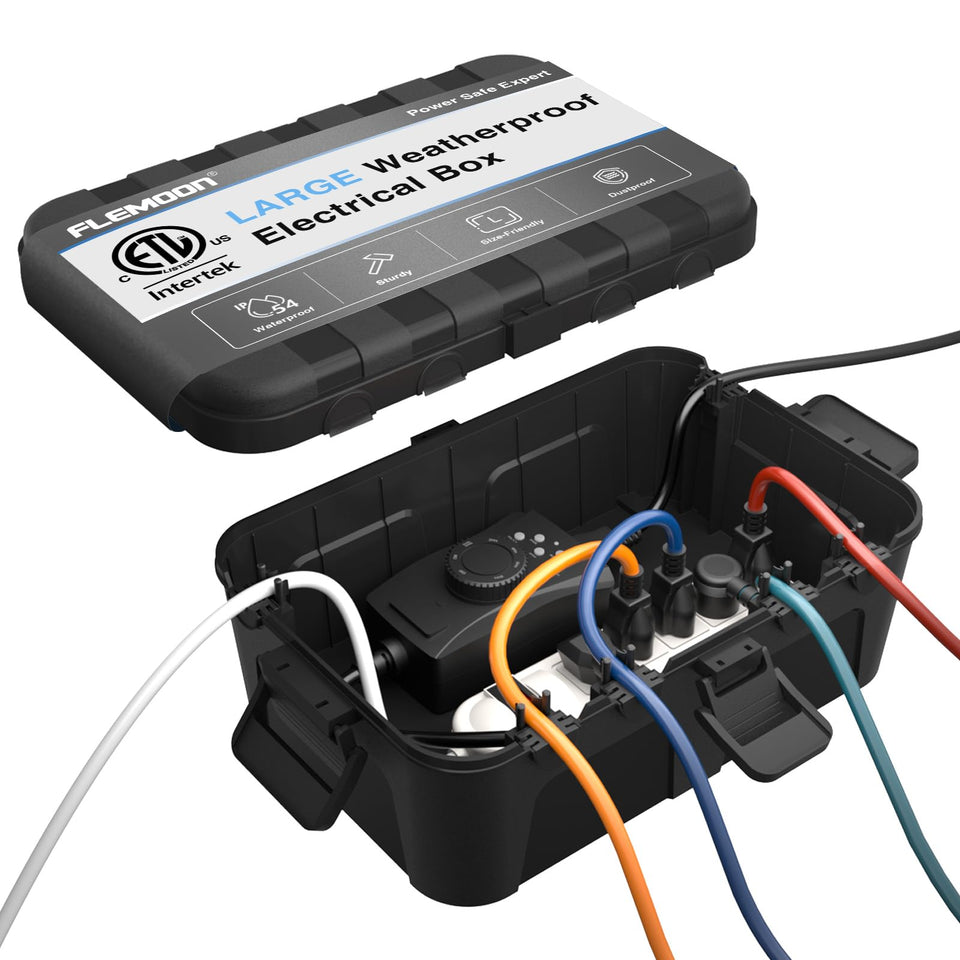 Flemoon outdoor box lid closed protects outlets from moisture.