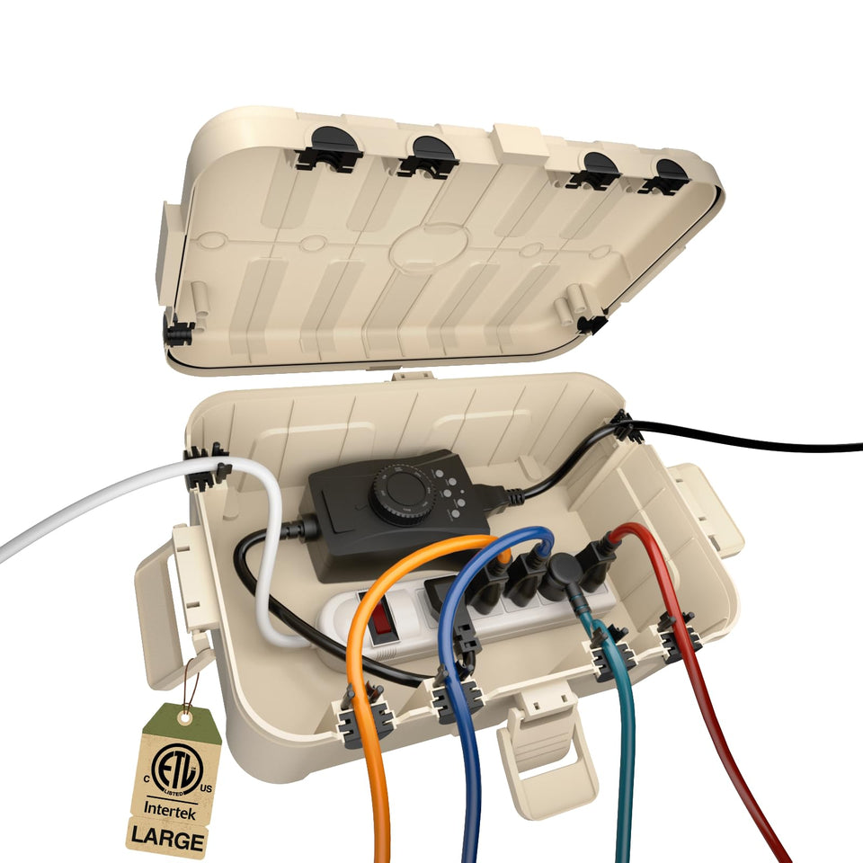Flemoon outdoor electrical box with IP54 waterproofing protecting outlets outdoors.