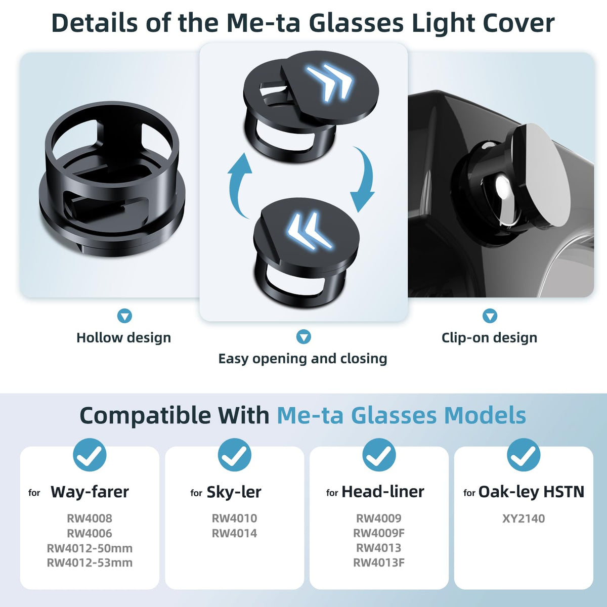 FlenKn LED light blocking cover showing compatibility with multiple Ray-Ban Meta models