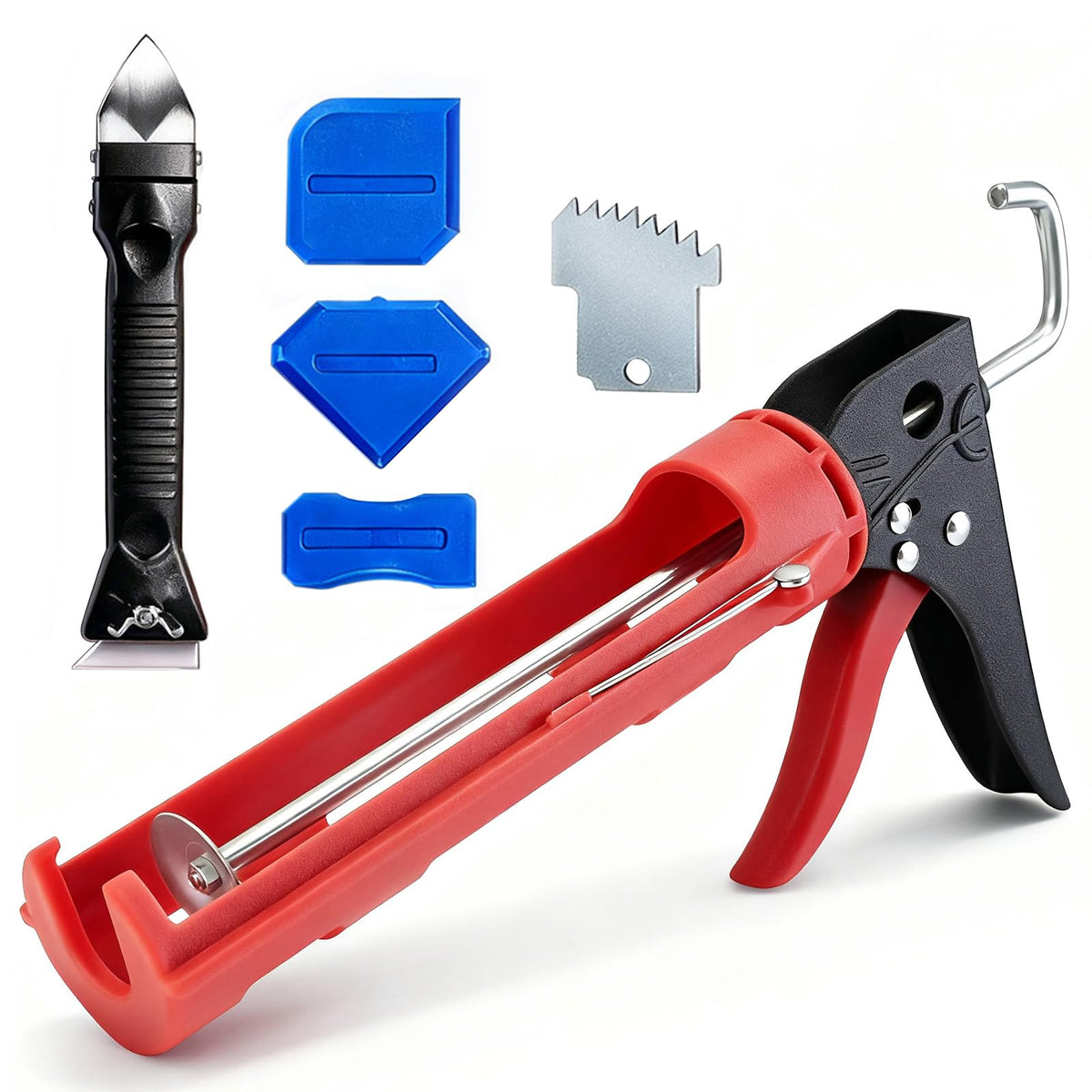 Fletrix caulk gun with no drip rotate barrel for clean, precise sealant application