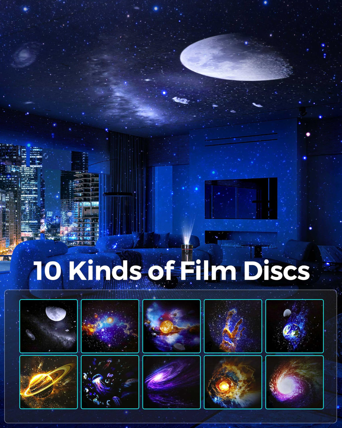 FLEWKEN Ceiling constellations rotate for dynamic night sky viewing.