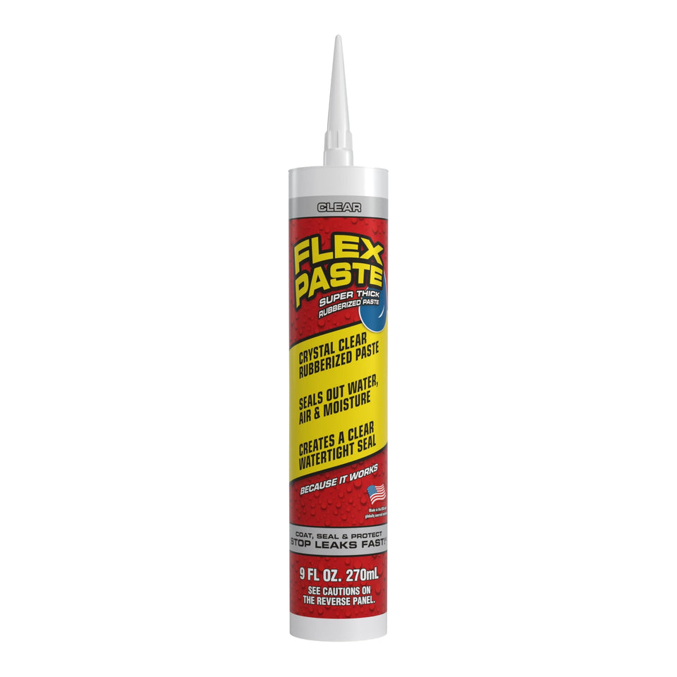 Flex Paste bottle close-up showing waterproof, paintable sealant for walls