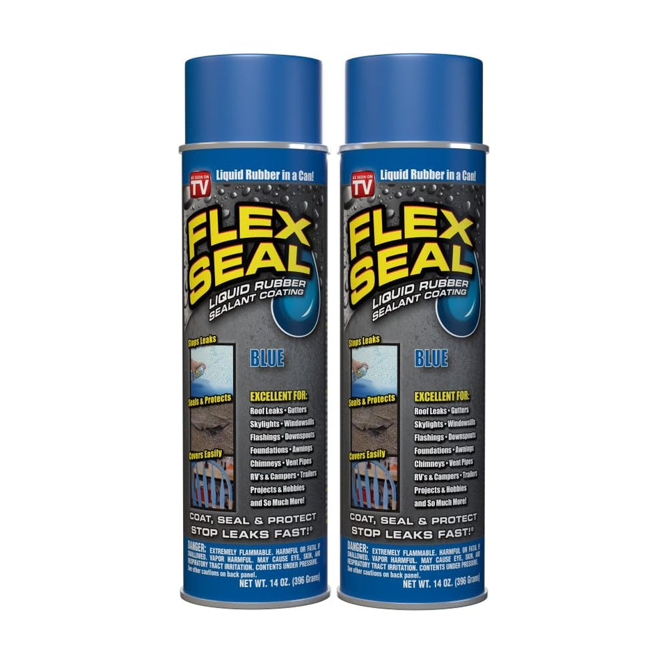 Flex Seal 14 oz blue can shown for quick leak sealing.
