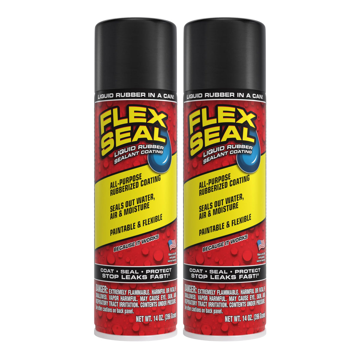 Flex Seal 14oz Black bottle; quick waterproofing for leaks and color finishes.
