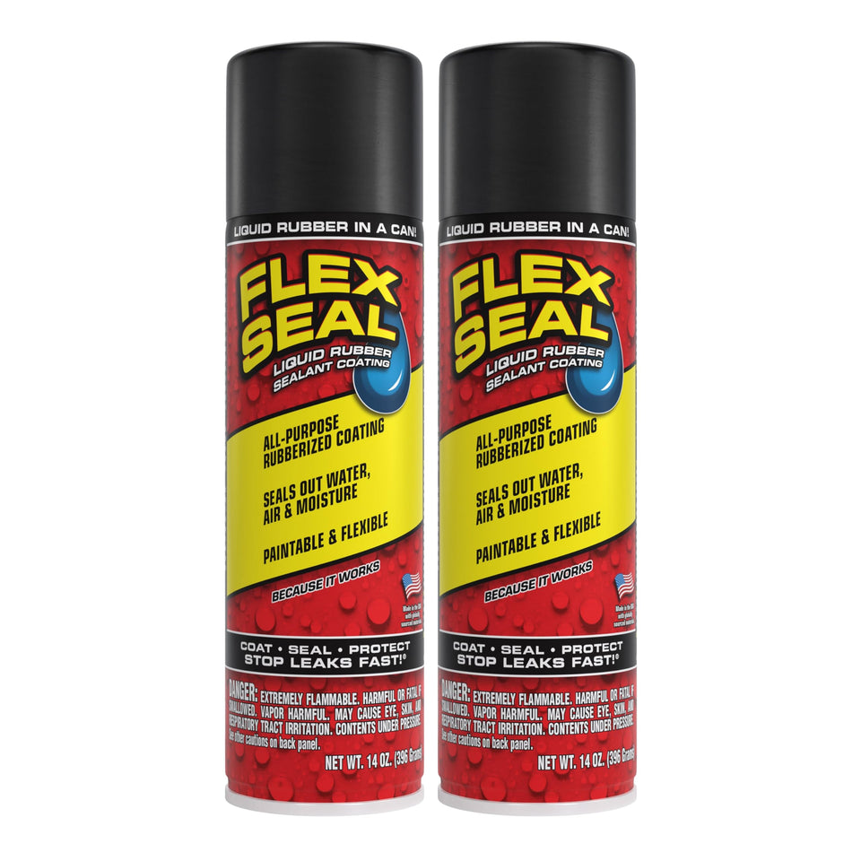 Flex Seal 14oz Black bottle; quick waterproofing for leaks and color finishes.