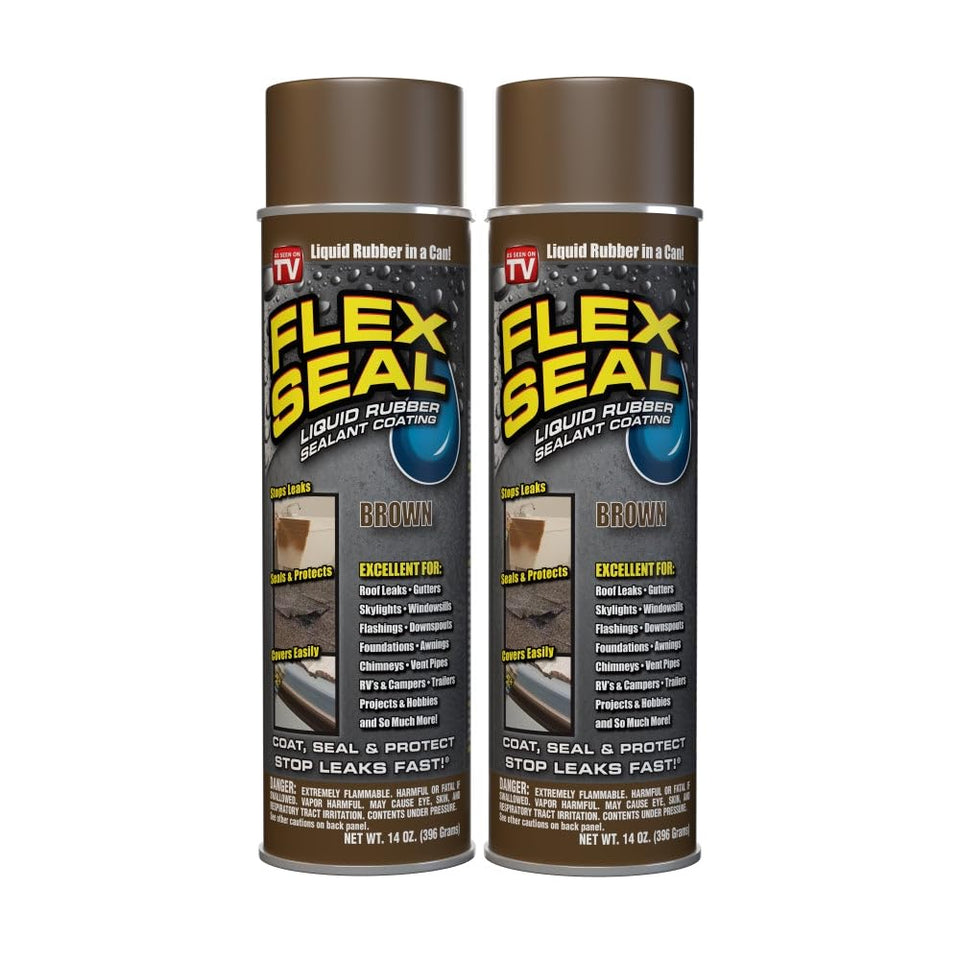 Flex Seal 14 oz brown two-pack sealant ready to stop leaks.