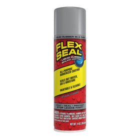 Flex Seal 14oz gray can label ready to seal leaks quickly.