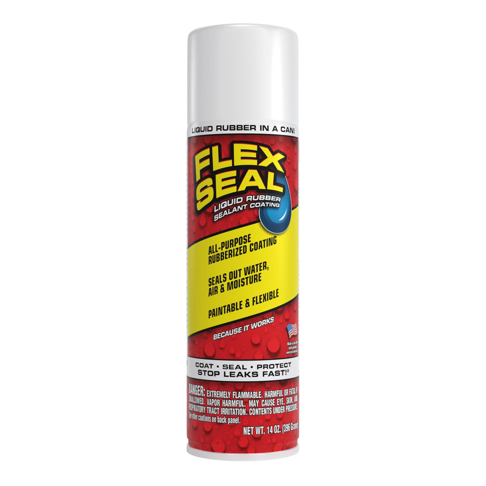 Flex Seal 14 oz white spray-on sealant seals leaks instantly for gutters.