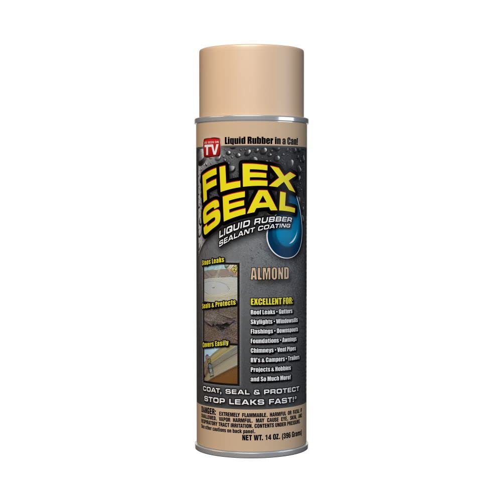 Flex Seal Almond 14 oz bottle pouring to start a leak seal on outdoor surfaces.
