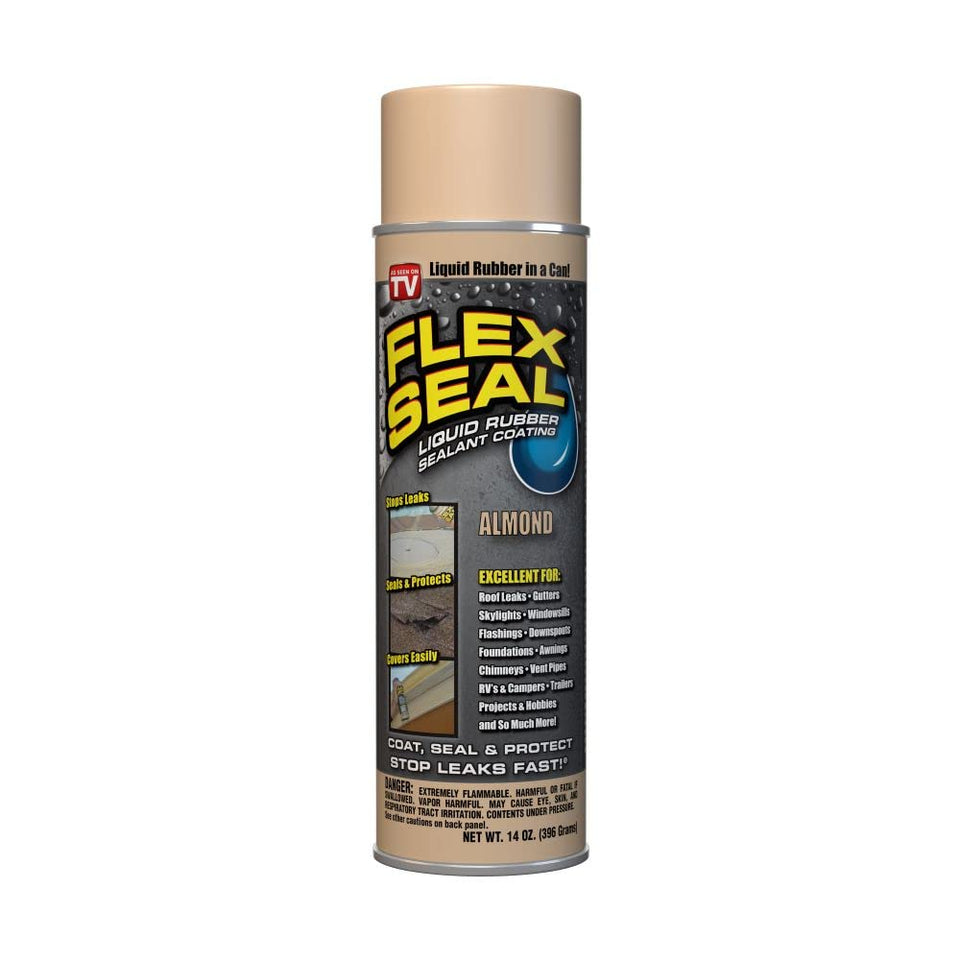 Flex Seal Almond 14 oz bottle pouring to start a leak seal on outdoor surfaces.