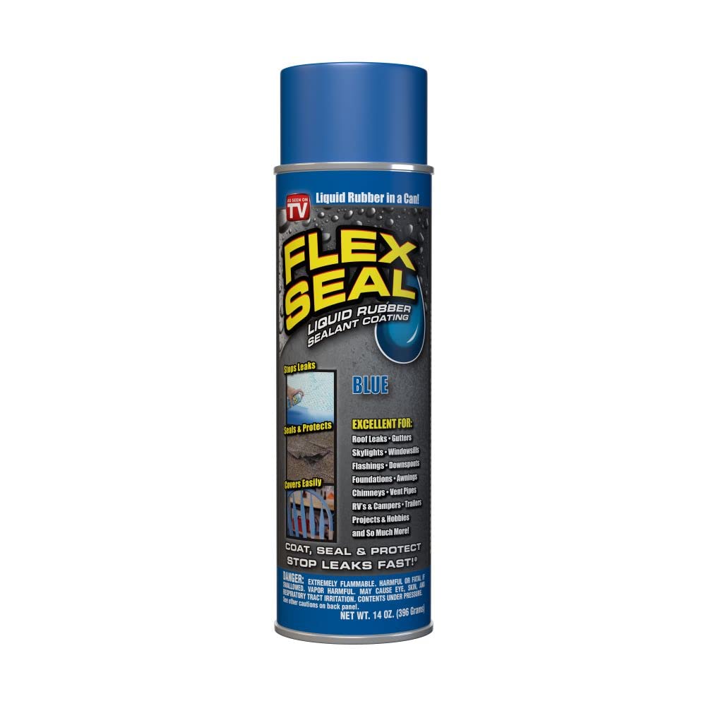Flex Seal 14 oz blue sealant can shown for rapid leaks protection.