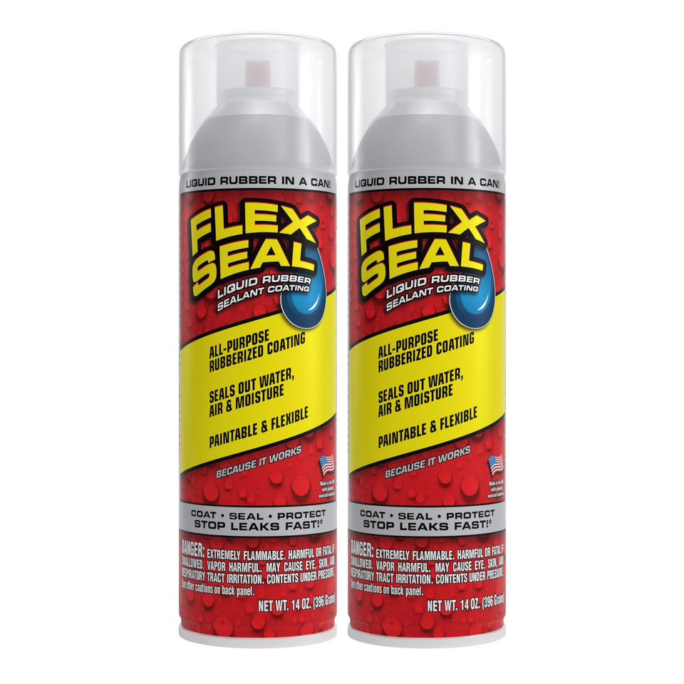 Flex Seal clear 14oz 2-pack spray seals leaks with fast waterproof protection.