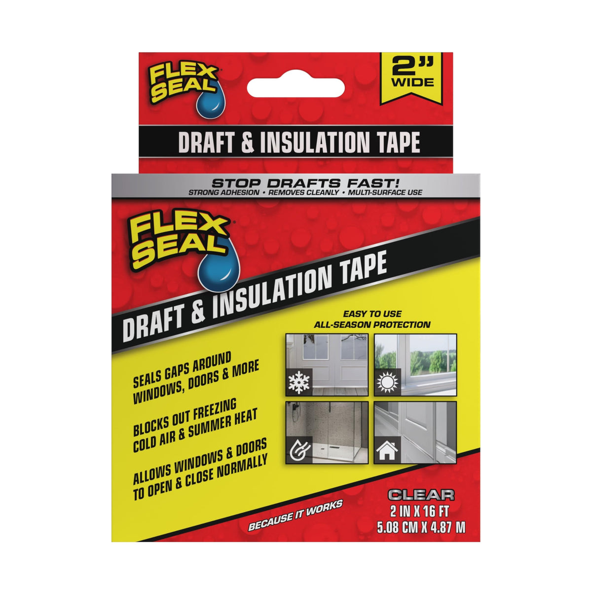 Flex Seal Draft and Insulation Tape clear seals wide gaps for weatherproofing around doors and windows.