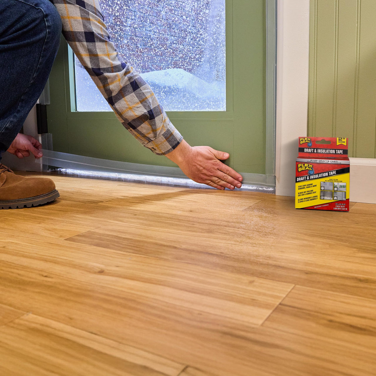 Flex Seal rubberized edge maintains shape and tight seal on irregular frames and gaps.