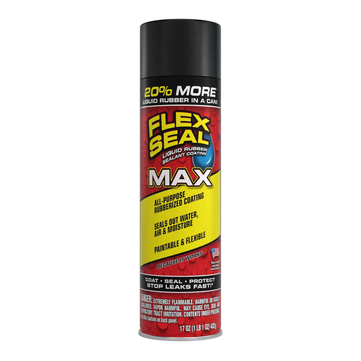 Flex Seal MAX 17oz black spray-on sealant seals leaks quickly for gutters and roofs.