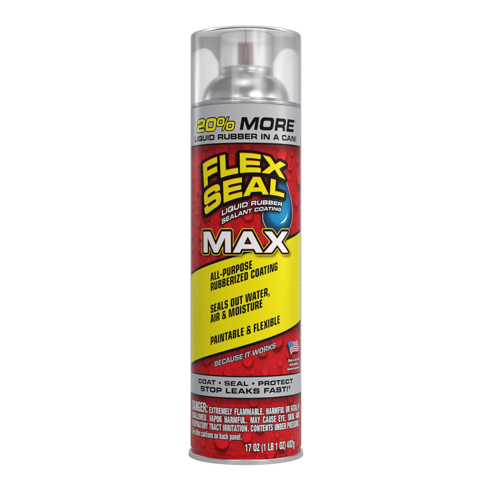 Flex Seal Max clear bottle ready to seal leaks on multiple surfaces