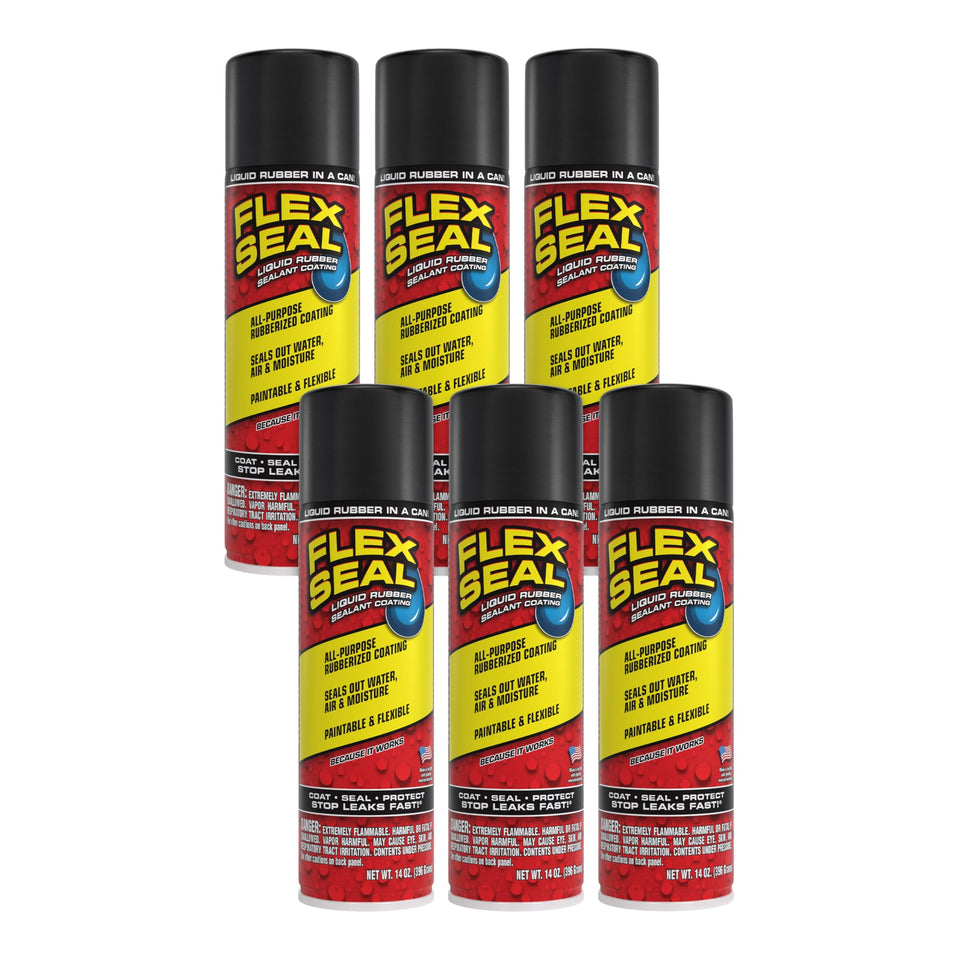 Flex Seal spray can 14oz black seals leaks with a flexible, waterproof coating.