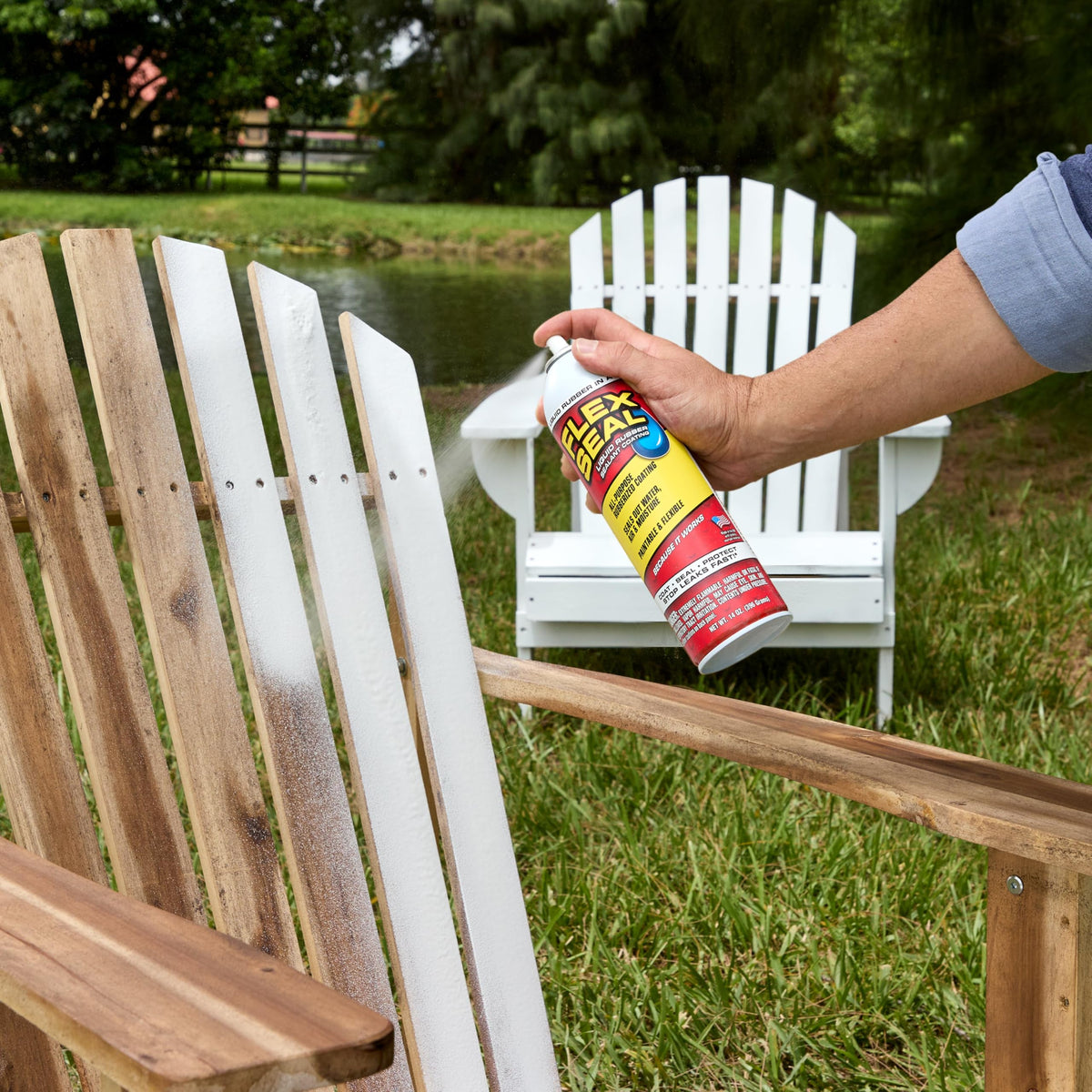 Flex Seal wood-roof surface coverage; forms a flexible, watertight coating.