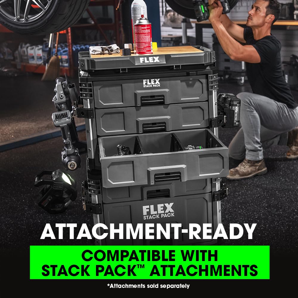 FLEX Stack Pack with drawers open, showcasing removable dividers for customized organization