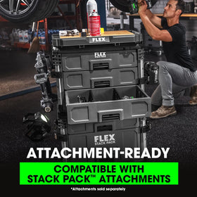 FLEX Stack Pack with drawers open, showcasing removable dividers for customized organization