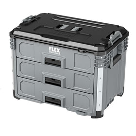 FLEX Stack Pack 3-Drawer Tool Box front view showing secure auto-locking drawers for transport