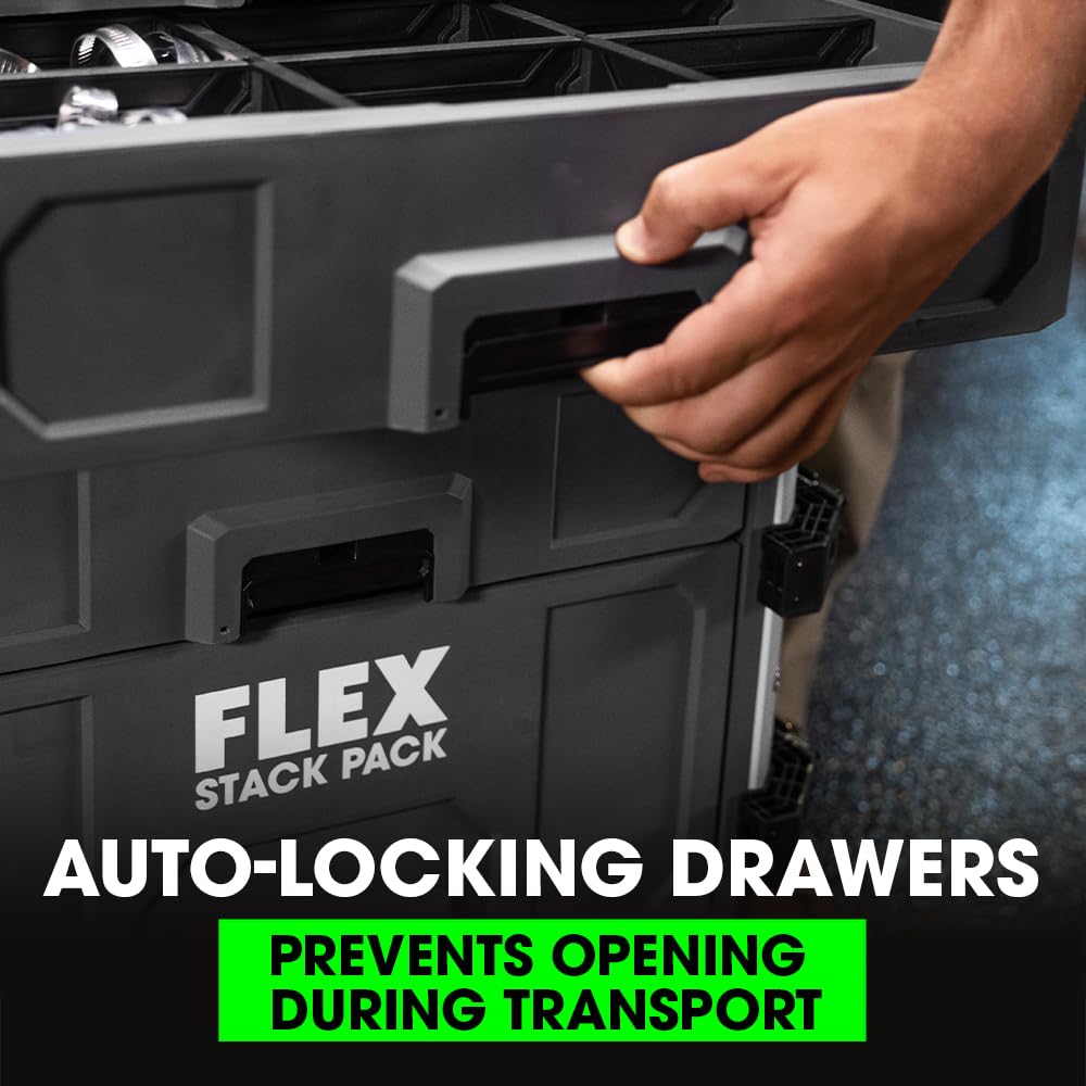 FLEX Stack Pack 3-Drawer Tool Box side view highlighting durable rust-resistant rails