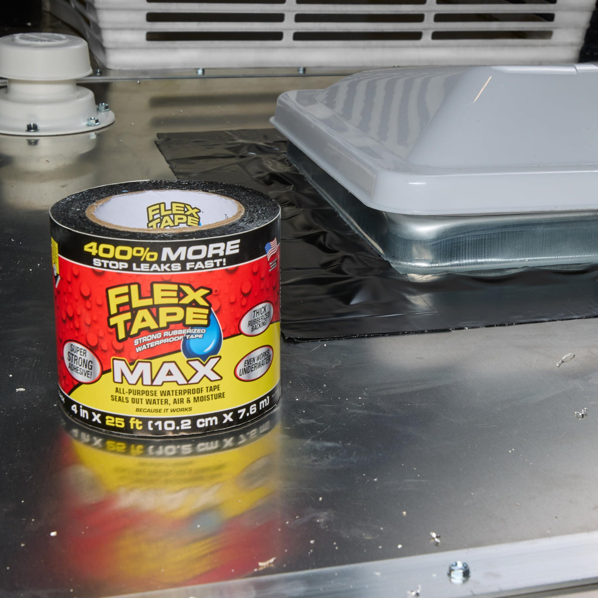 Flex Tape Original 12x10ft black tape blends with surfaces for outdoor use.