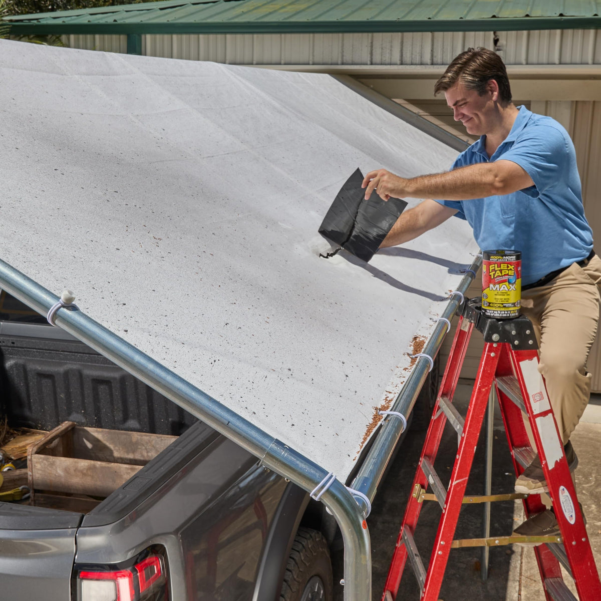 Flex Tape Original sealing an outdoor roof patch under sun exposure for UV resistance.