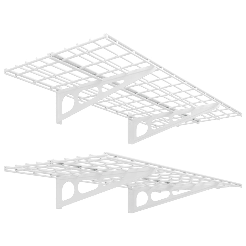 Fleximounts 2-pack wall shelf assembly demonstrates sturdy mounting for heavy garage items.