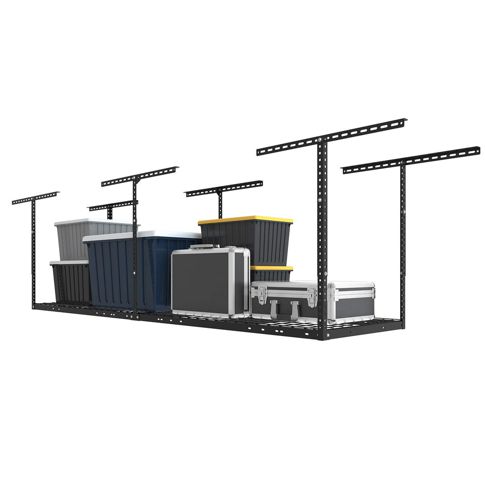 FLEXIMOUNTS 2x8 garage rack installed overhead for organized seasonal storage.