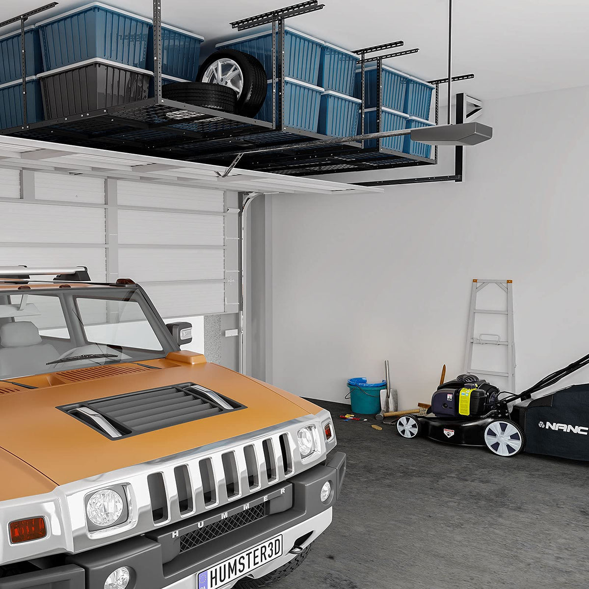 Fleximounts overhead rack brackets attached to joists for stable storage.